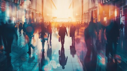 Obraz premium blurred silhouettes of business people at a crowded trade fair or modern hall abstract digital art