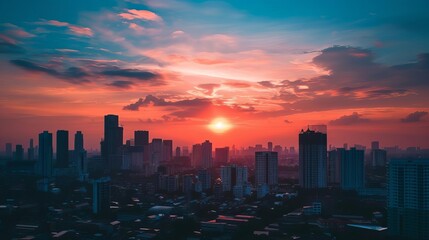 Fototapeta premium breathtaking sunset sky over silhouetted cityscape dramatic urban landscape photography