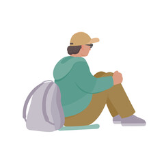 A man tourist with backpack is sitting. Side view. Vector isolated color illustration in flat style.