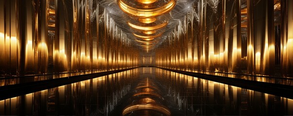 Illuminated Dreams: Surreal Gallery with Gold and Silver Accents Bathed in Neon Light Patterns