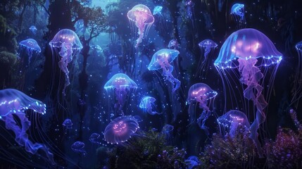 A surreal scene of glowing jellyfish drifting through a bioluminescent underwater generated by AI