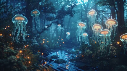 A surreal scene of glowing jellyfish drifting through a bioluminescent underwater generated by AI