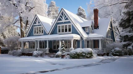 A picturesque blue house blanketed in snow with frosted trees and clear blue sky