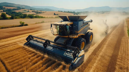 High-angle view of a combine harvester and a tractor working in a vast golden wheat field during harvest season