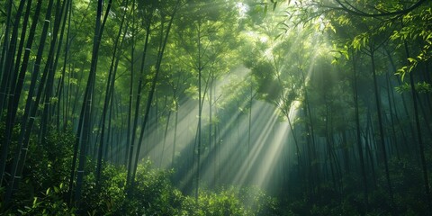 A tranquil bamboo forest with shafts of sunlight piercing through generated by AI