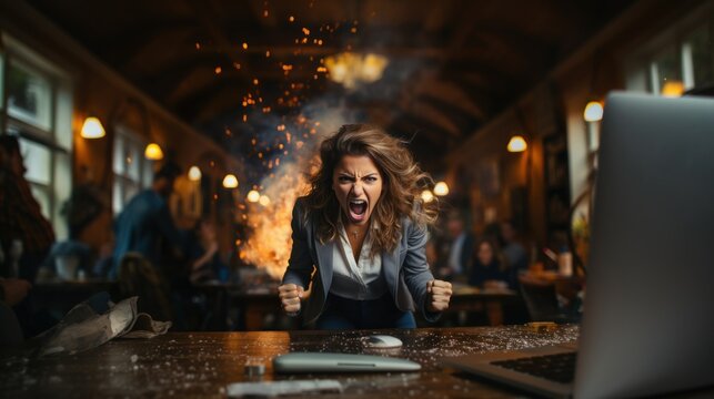 An exasperated woman expresses anger towards her computer in a crowded caf&eacute;
