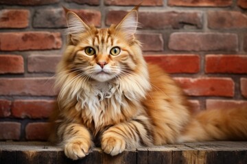 Portrait of a smiling american bobtail cat in vintage brick wall