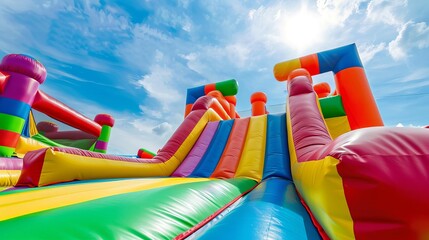 colorful inflatable bouncy castle with slide on sunny day outdoor playground for kids