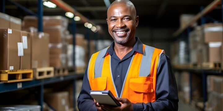 Confident engineer manager in uniform with tablet smiling in warehouse setting. Concept Engineer, Manager, Uniform, Tablet, Warehouse