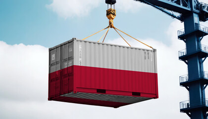 Freight containers with Poland flag, clouds background