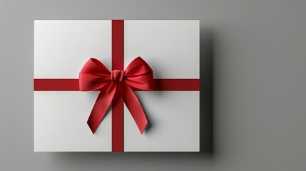 conceptual blank white gift card with red ribbon bow on grey background minimalist 3d render