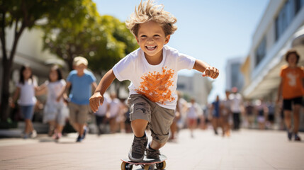 Obraz premium Young boy skateboards with delight along a sunny city street, portraying motion and youthful energy