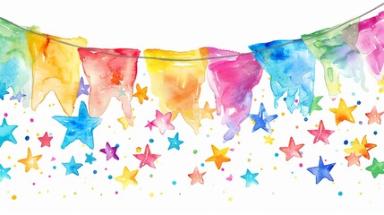 Fototapeta premium Vibrant watercolor bunting and stars. Perfect for celebration, party, or festive event decorations.