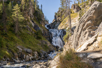 Mystic Falls on the Firehole River in Yellowstone National Park in Wyoming on a sunny fall day