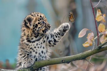 Obraz premium Amur Leopard Pup Playing with Butterfly