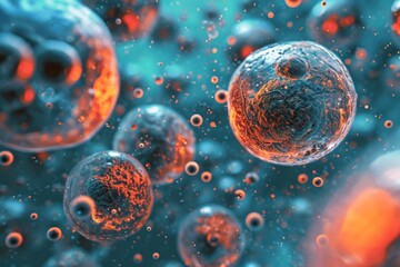 Naklejka premium Microbiological cells, Cancer cells floating in a clear liquid, under a microscope.Ai generated
