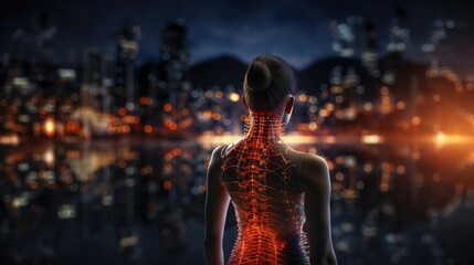 Back view of a woman with body networks overlay looking over a cityscape at night