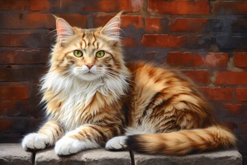 Portrait of a smiling american bobtail cat on vintage brick wall