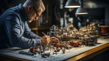 An engrossed man with obscured face focuses on assembling a complex scale model with precision and care