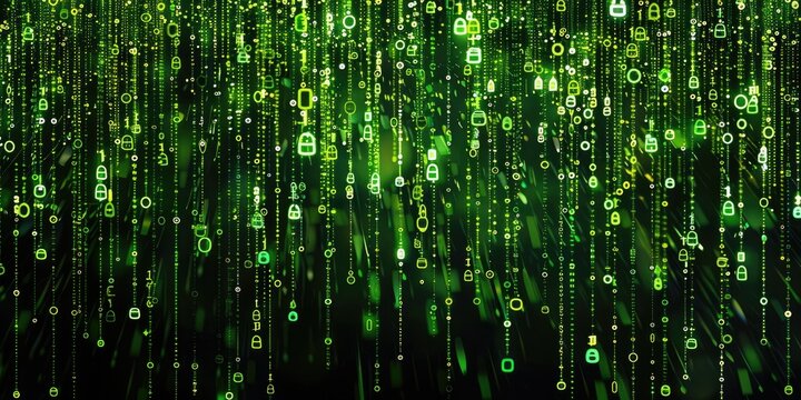 A cascade of green code symbols falling vertically on a black background, reminiscent of the iconic Matrix digital rain