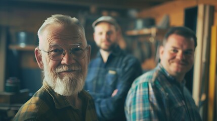 Fototapeta premium Generations of carpenters in their family business workshop looking at the camera : Generative AI