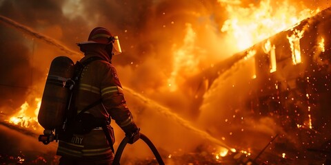 Fototapeta premium Firefighter extinguishes fire and rescues individuals, averting further peril. Concept Firefighting, Rescue operations, Emergency response, Fire prevention, Heroic deeds
