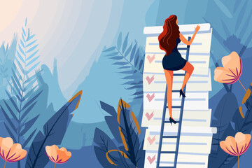 Businesswoman climbing a giant to-do list, symbolizing project completion, task management, and achieving business goals through effective planning and organization.

