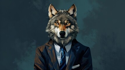 dapper wolf in formal business attire anthropomorphic animal portrait digital art