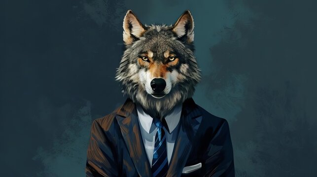dapper wolf in formal business attire anthropomorphic animal portrait digital art