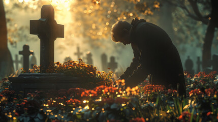 A man kneels at a grave and prays.