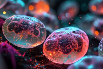 Naklejka premium Microbiological cells, Cancer cells floating in a clear liquid, under a microscope.Ai generated