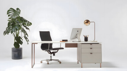 Simple and minimalist work desk on white background, highlighting an organized and clean workspace