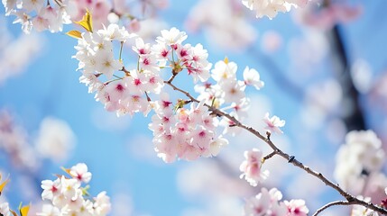 Obraz premium Close up of blossoming cherry flowers with blue sky