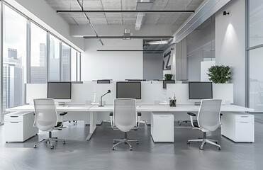 A photo of an open office space with white desks and chairs. Created with Ai