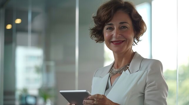 Latin Hispanic mature adult professional business woman looking at camera and smiling European businesswoman CEO holding digital tablet using fintech tab application standing at workpl : Generative AI