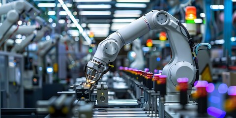 Fototapeta premium Advancements in industrial manufacturing: A closer look at robotic arms in modern factories. Concept Manufacturing Technology, Robotic Arms, Factory Automation, Industry Innovations