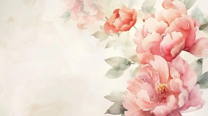 delicate watercolor peonies on light background floral wedding or mothers day design with copy space handpainted illustration