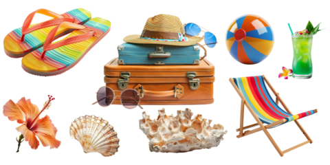 Vacation beach and sea trip with element that include of flip-flops, hat, sunglasses, beach ball and other isolated on background, Summer time set.