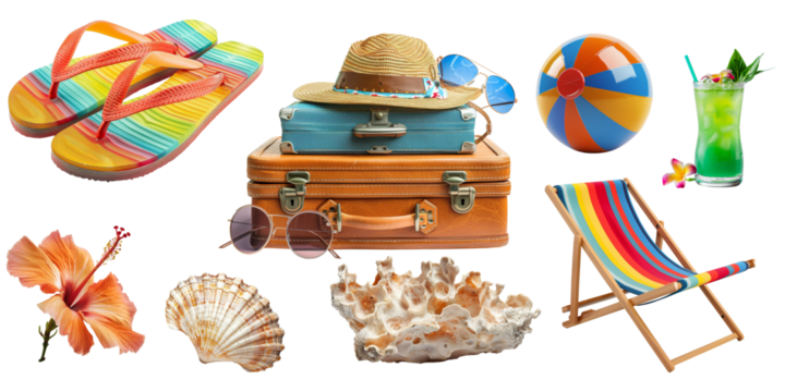 Vacation beach and sea trip with element that include of flip-flops, hat, sunglasses, beach ball and other isolated on background, Summer time set. - Powered by Adobe