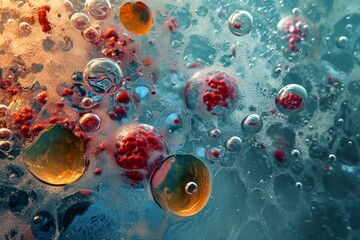 Microbiological cells, Cancer cells floating in a clear liquid, under a microscope.Ai generated