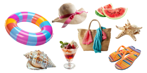 Summer time items element including beach hat, sunglasses, and other isolated on background. sea and beach vacations.