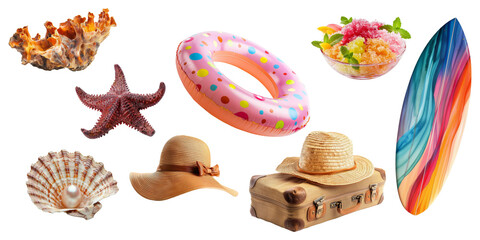 Group of summer element inflatable ring, beach ball, suitcase and other isolated on background, Holiday vacation for beach and sea.