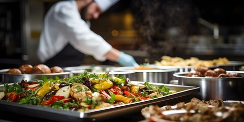 Chefs preparing gourmet dishes in a welllit restaurant kitchen with delicious food. Concept Gourmet Dishes, Well-Lit Kitchen, Food Preparation, Restaurant Setting, Culinary Art