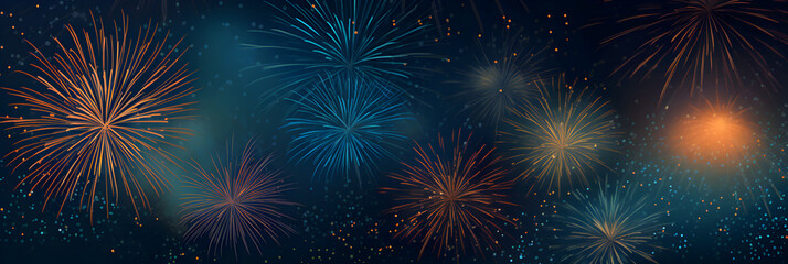 Naklejka premium Fireworks on the night sky. Holidays and celebrations concept. Greeting card with copy space. 
