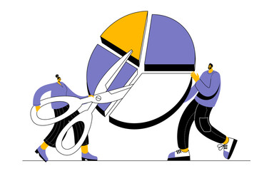 Fototapeta premium The marketing team will segment the target audience. Funny vector illustration on the topic of business analysis and market segmentation.