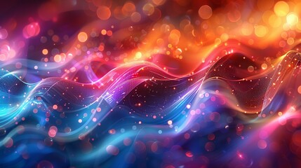 Obraz premium An eye-catching background with shiny, multifaceted shapes, luminous circles, and softly sweeping lines in a spectrum of vivid colors. Minimal and Simple style