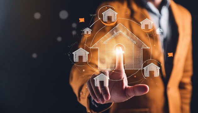 Real estate investment concept. Man touch virtual house icon for analyzing mortgage loan