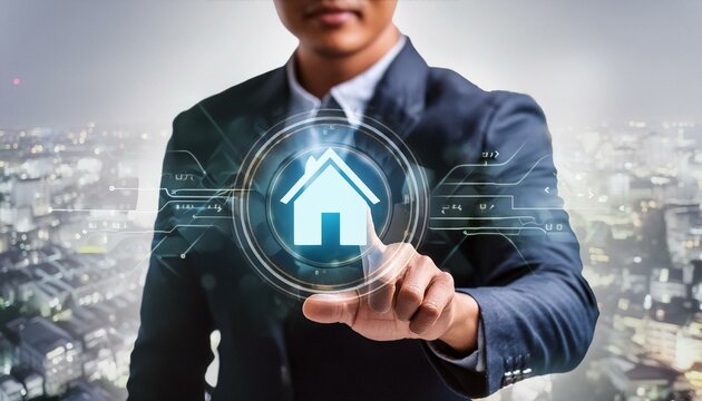 Real estate investment concept. Man touch virtual house icon for analyzing mortgage loan