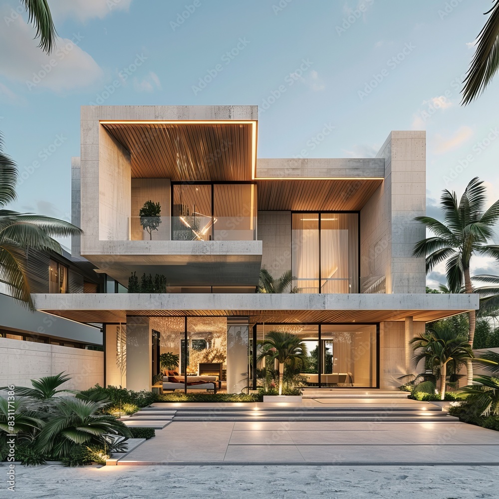 Sticker A modern, luxurious villa with large windows and elegant design, surrounded by palm trees with a pool, reflecting the sunset light