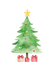 Watercolor illustration of a decorated Christmas tree with colorful ornaments and gifts beneath, topped with a golden star.